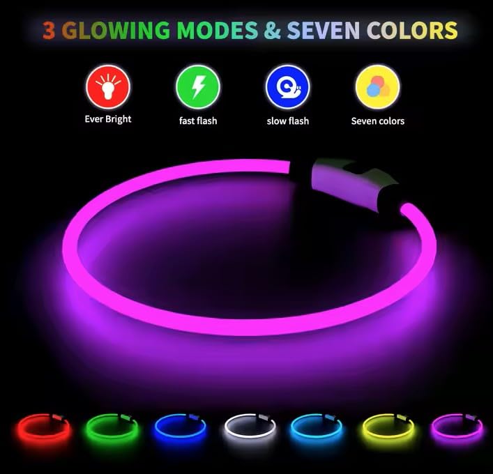 Collar con LUZ LED, 7 Colores Intercambiables, Resistente AL Agua, para Mascotas Seguridad Nocturna, Collar Luminoso Que Brilla en la Oscuridad. Recargable por USB, Tamaño Ajustable.