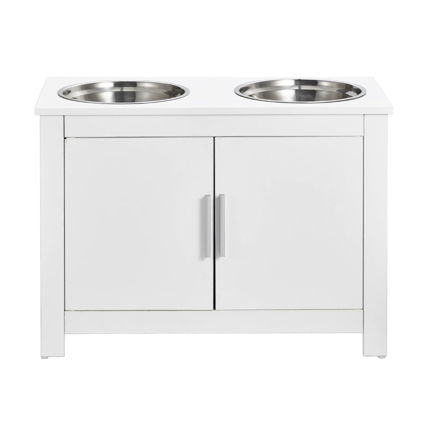 VEVOR Estación de Alimentación 60x30x44 cm Comedero Elevado para Perros con 2 Cuencos de Acero Inoxidable Armario de Madera para Comida para Mascotas con Puerta Doble para Perros Grandes, Blanco
