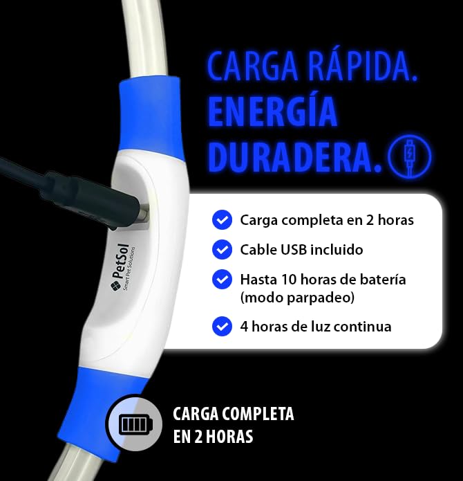 Collar LED para Perros en Azul - Collar de Seguridad para Perros y Gatos con Luz Intermitente Recargable por USB - Tamaño Pequeño, Mediano y Grande - Brilla en la Oscuridad para Mayor Seguridad