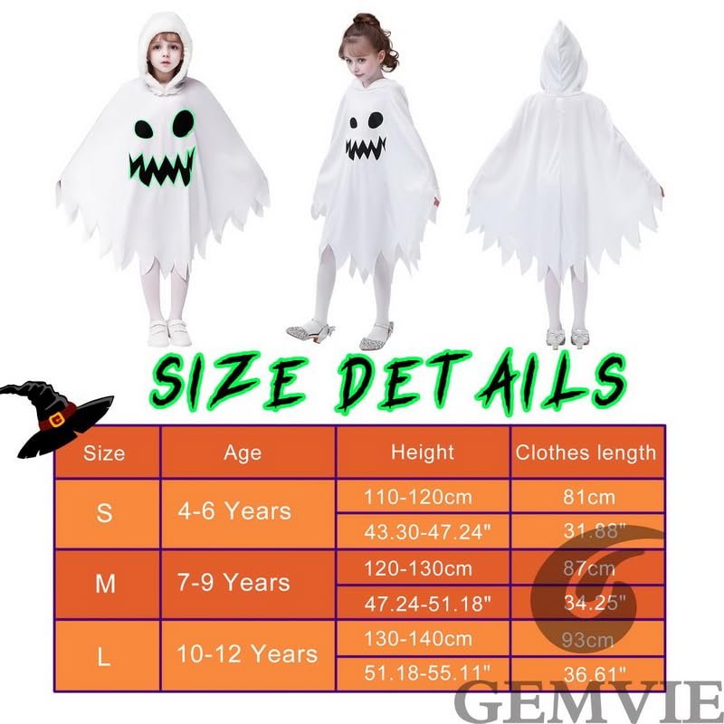 GEMVIE Trajes brillan trajes fantasmas oscuros trajes ghost blancos trajes fantasmas Carnaval de niños de Halloween 4-6