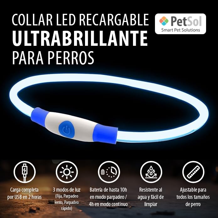 Collar LED para Perros en Azul - Collar de Seguridad para Perros y Gatos con Luz Intermitente Recargable por USB - Tamaño Pequeño, Mediano y Grande - Brilla en la Oscuridad para Mayor Seguridad