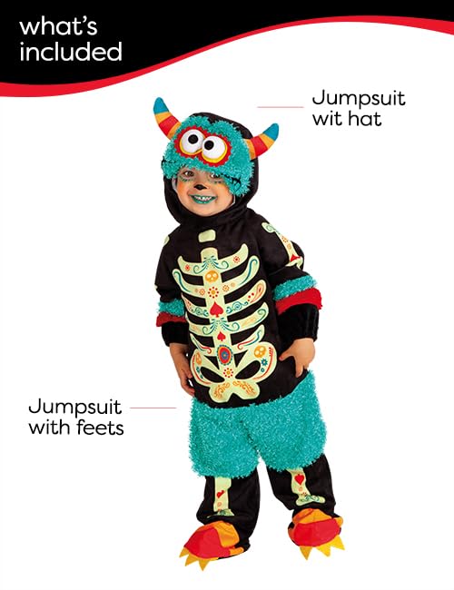Disfraz de Monster catrina para niño y niña, talla bebé 1 a 2 años, Pelele con velcro, gorrito con ojos saltones para Halloween, Carnaval, fiestas y cosplay