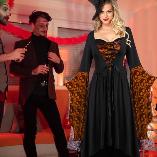 Disfraz de Halloween para Mujer | Vestido De Terror Halloween Para Mujer,Conjunto Renacentista Con Encaje Estampado De Calaveras Para Eventos De Disfraces Y Teatro