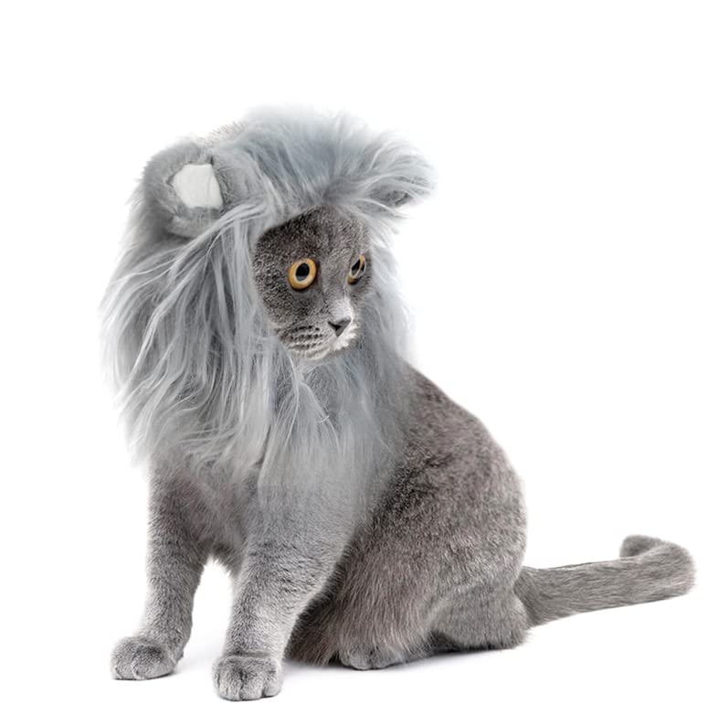 Disfraz Peluca de melena de león para gatos y perros, divertidos disfraces de gato para Halloween, Navidad, accesorios de ropa para mascotas peludas (S, gris)