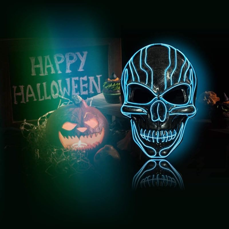 Disfraz de máscara de esqueleto espeluznante de La Purga de Halloween con luz aterradora – Disfraz de demonio para niños y adultos (azul)
