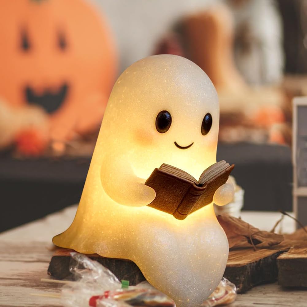Lámpara de libro de lectura fantasma hecha a mano, luz nocturna de Halloween suave y brillante, decoración LED fantasma portátil para dormitorios, salas de estudio y lectores, bonito regalo de luz de