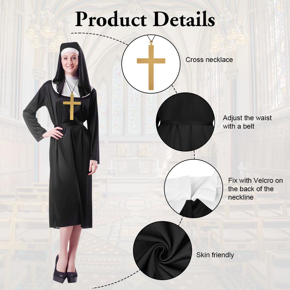 Disfraz de Monja para Mujer, Vestido Monja Mujer Adulto Fancy Dress Costume con Gorro y Collar con una Cruz, Disfraz De Cosplay para Fiesta Halloween Carnaval, XL