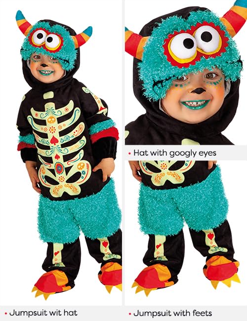 Disfraz de Monster catrina para niño y niña, talla bebé 1 a 2 años, Pelele con velcro, gorrito con ojos saltones para Halloween, Carnaval, fiestas y cosplay