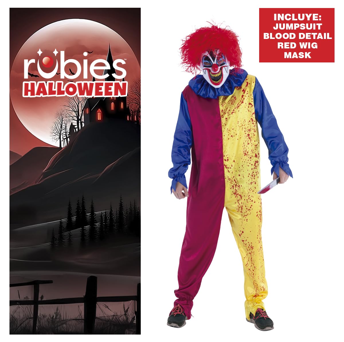 Disfraz Payaso Psycho para adulto, Jumpsuit con detalles impresos, máscara y peluca, Payaso Asesino, Oficial para Halloween, Carnaval y fiestas