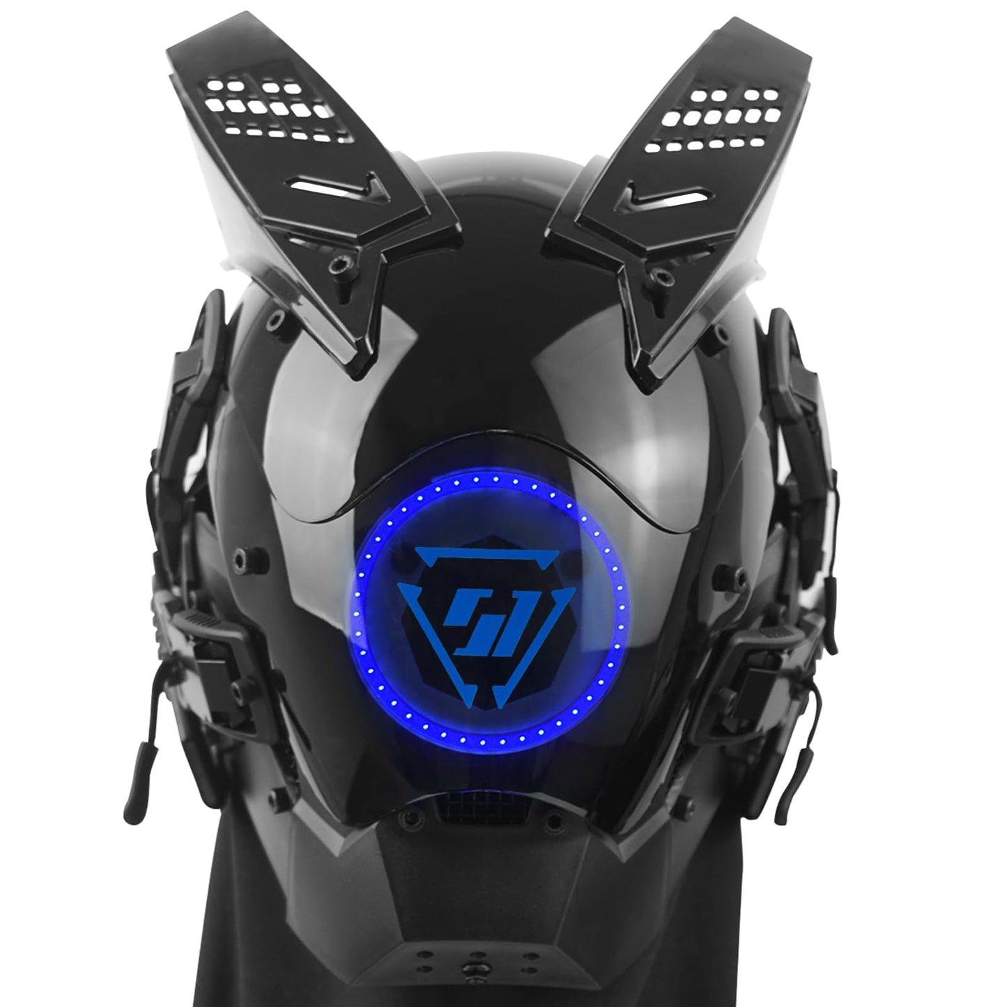 Marikito Casco punk con luz LED azul y kit de colgante DIY – Media máscara para disfraces Techwear, máscara eléctrica con detalles de neón y estilo DJ