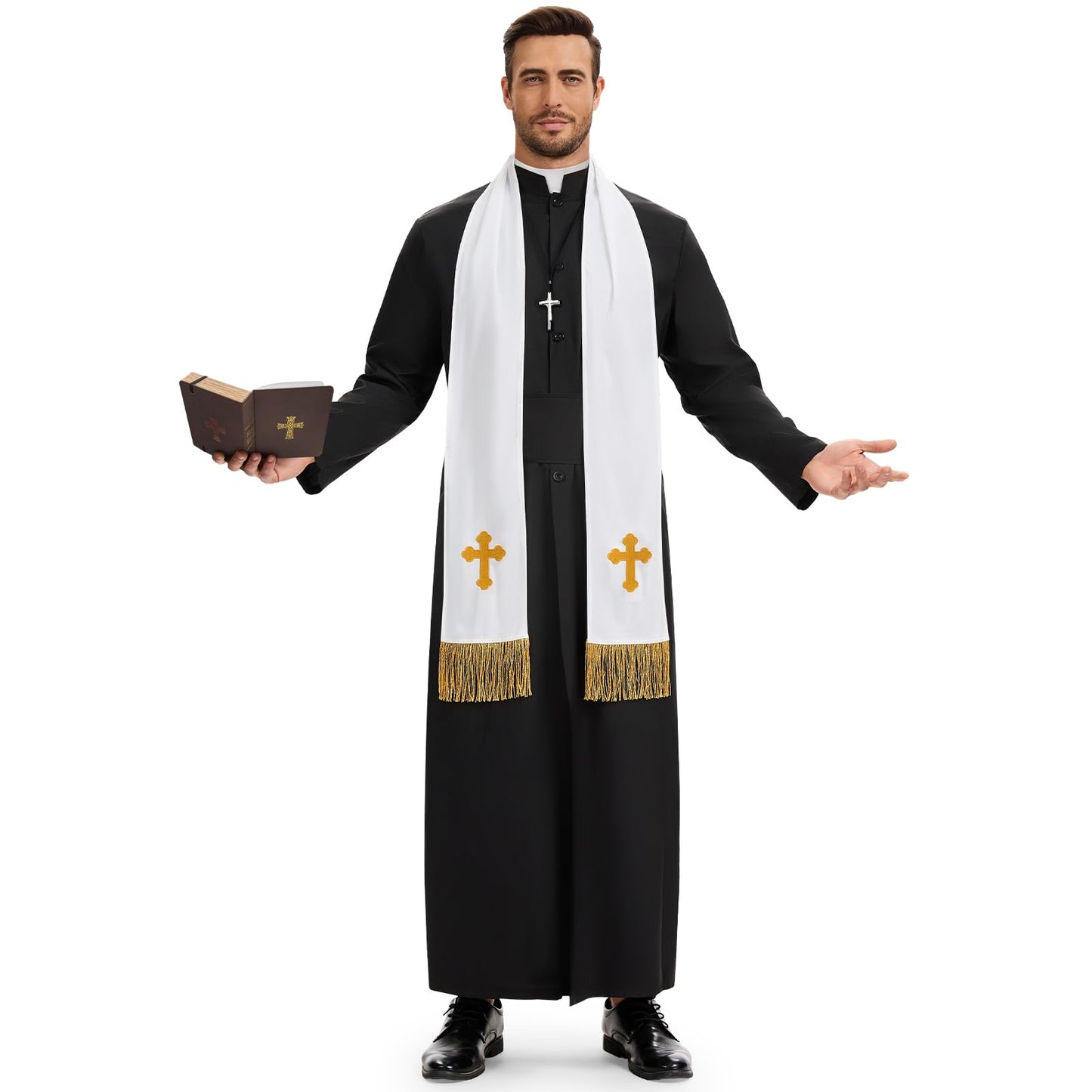 Disfraz Cura Hombre, Disfraz Halloween Hombre Adulto, Disfraz de Cura Hombre con Estola, Cadena con Cruz, Cinturón y Caja para Guardar la Biblia para Halloween Carnaval Cosplay (L)