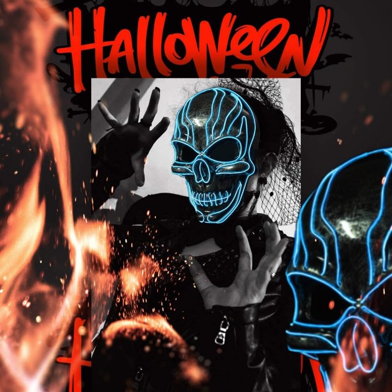 Disfraz de máscara de esqueleto espeluznante de La Purga de Halloween con luz aterradora – Disfraz de demonio para niños y adultos (azul)