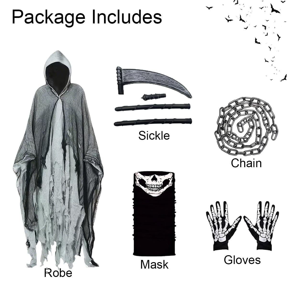 Disfraz de Parca,Disfraz de Parca para Halloween,Halloween Disfraz de Segador,Máscara de Esqueleto, Guantes y Hoz,Cadena,Ideal para Fiesta de Halloween, Carnaval y Cosplay (Gris)
