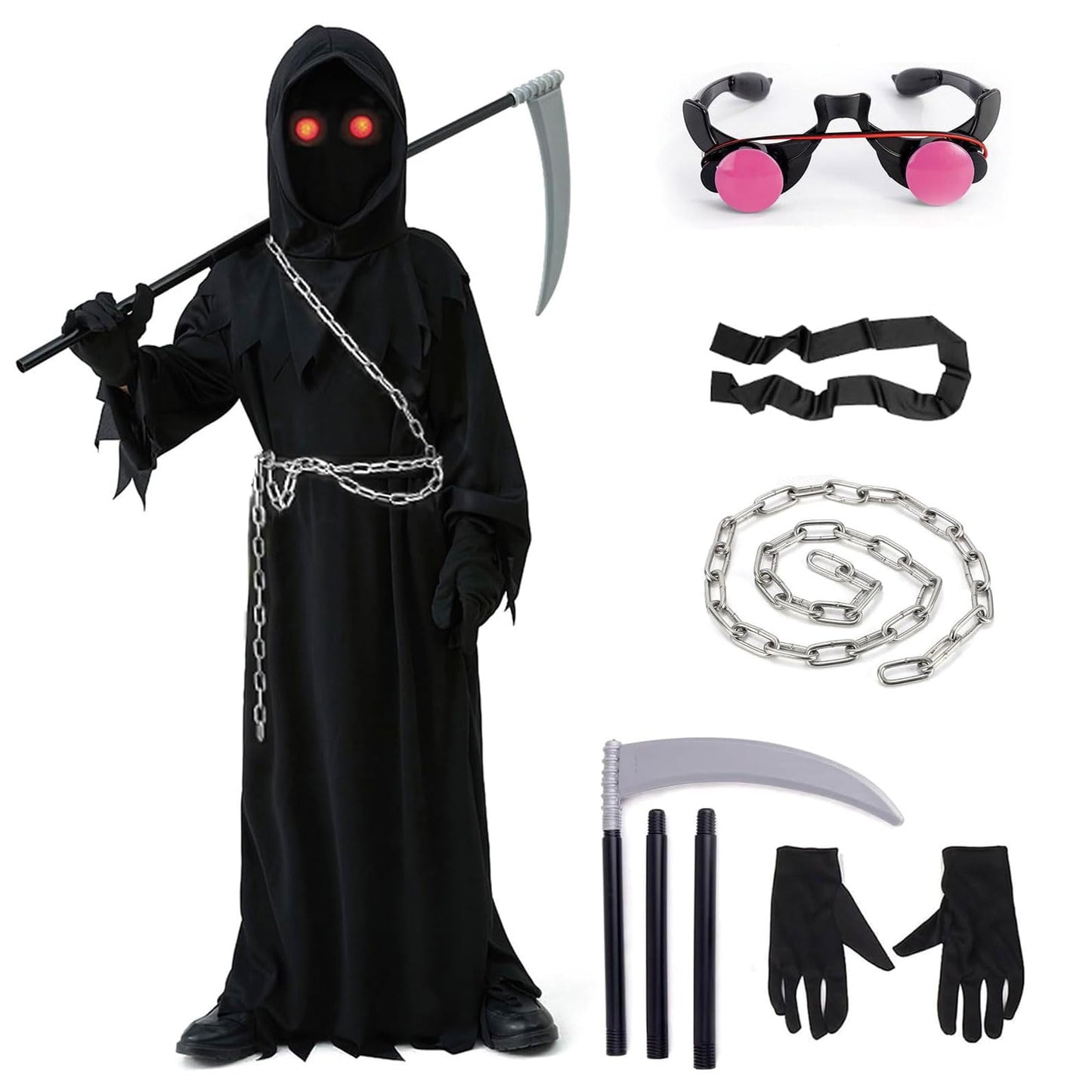 Disfraz Halloween Niño Muerte, Disfraz de la Muerte niño, Incluye Gafas Luminosas + Guadaña de la Muerte + Vadena + Guantes, Adecuado Para niños de 5 a 14 años