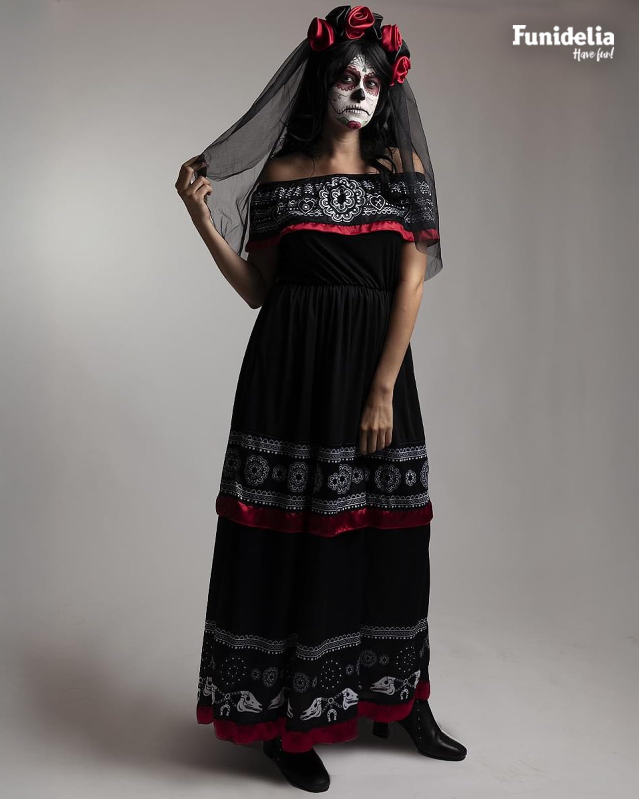 Disfraz de Catrina para mujer con diadema con flores y velo, Traje de Día de los Muertos para adultos, Disfraces de Carnaval, Halloween y Fiestas – Talla L