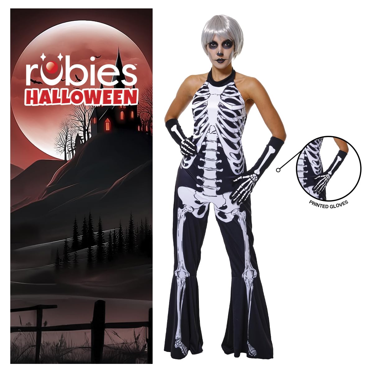 Disfraz Esqueleto para mujer, Jumpsuit con pantalones de campana y guantes, Oficial Halloween, Carnaval, Fiestas y Cosplay, Talla única