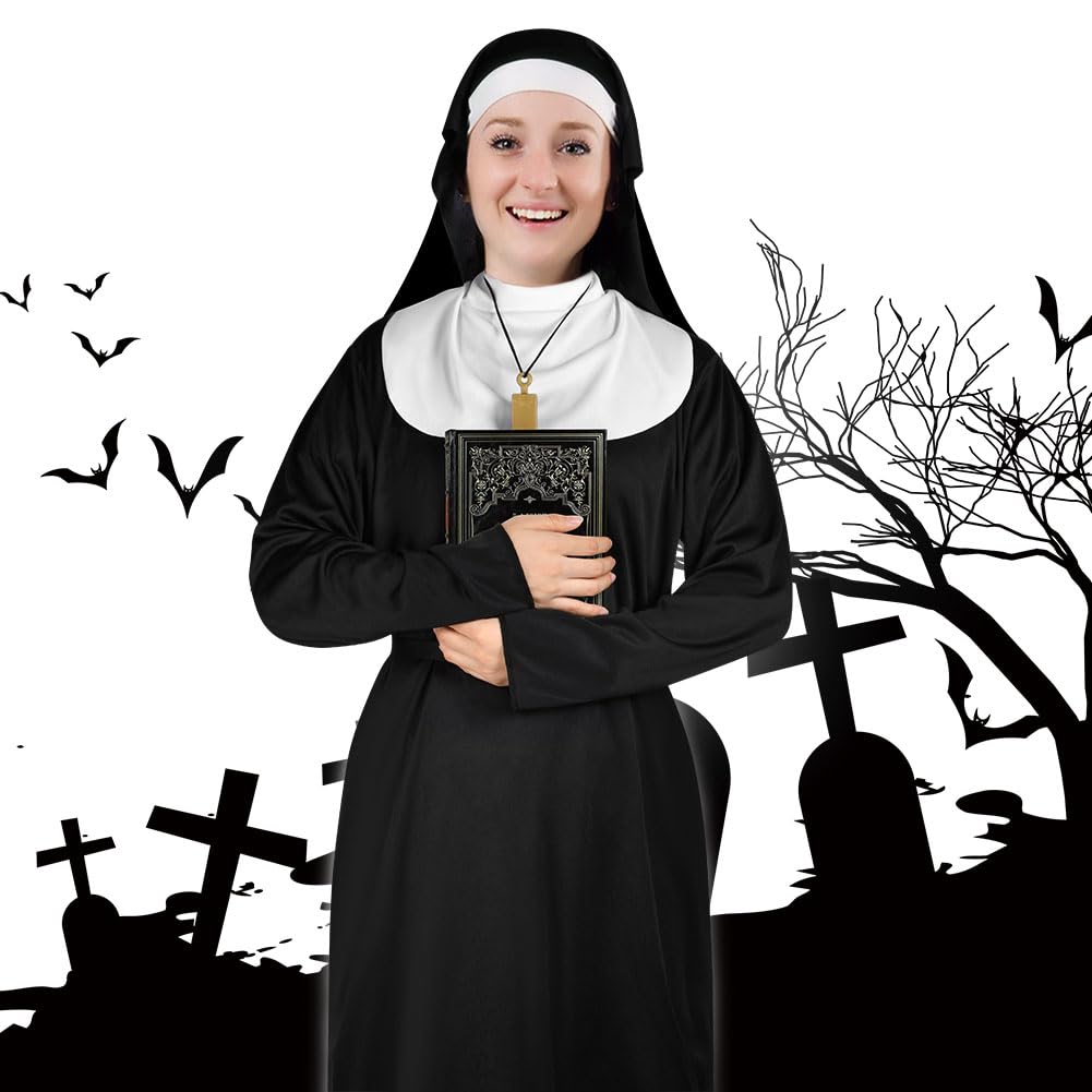 Disfraz de Monja para Mujer, Vestido Monja Mujer Adulto Fancy Dress Costume con Gorro y Collar con una Cruz, Disfraz De Cosplay para Fiesta Halloween Carnaval, XL