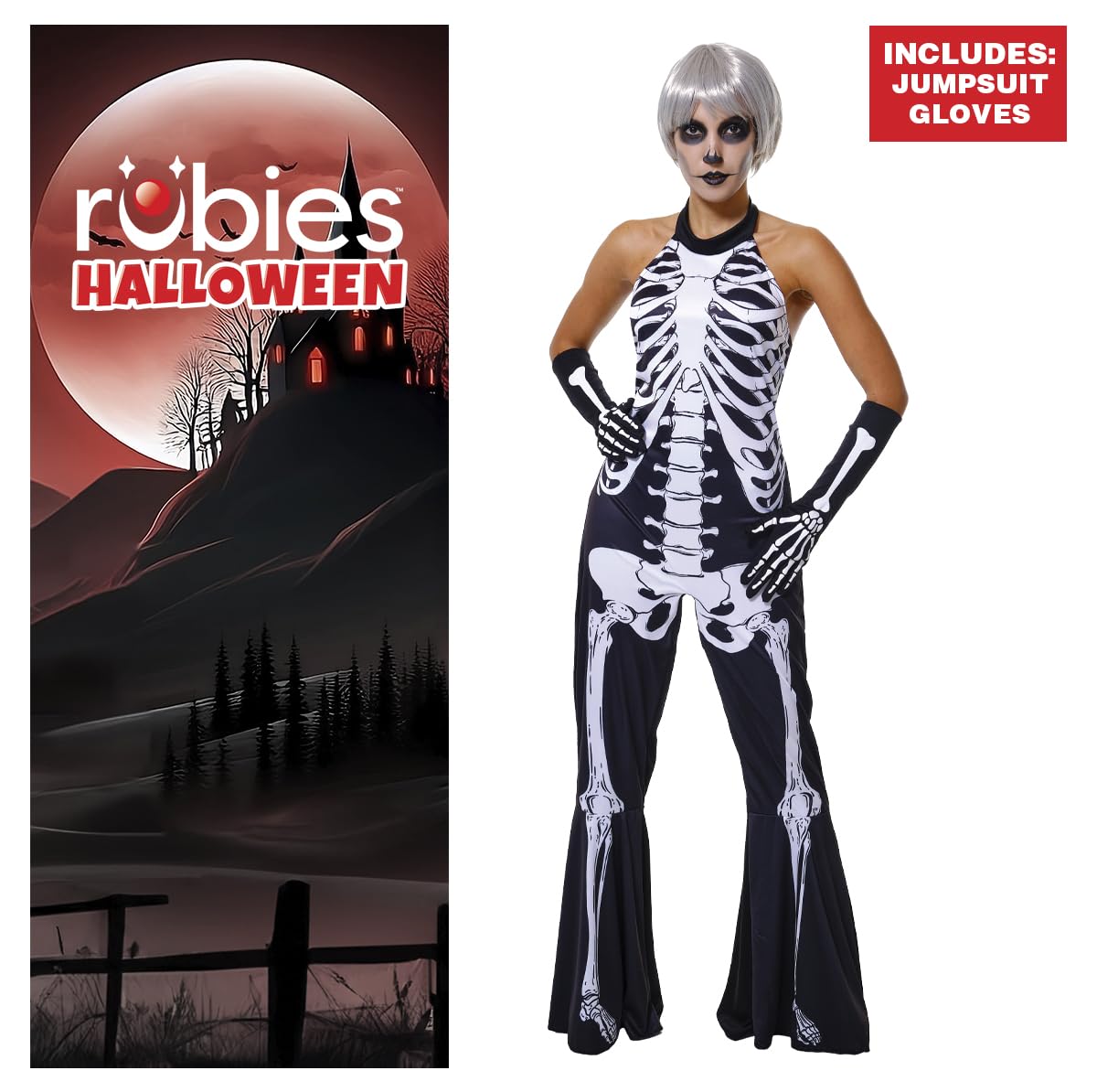 Disfraz Esqueleto para mujer, Jumpsuit con pantalones de campana y guantes, Oficial Halloween, Carnaval, Fiestas y Cosplay, Talla única