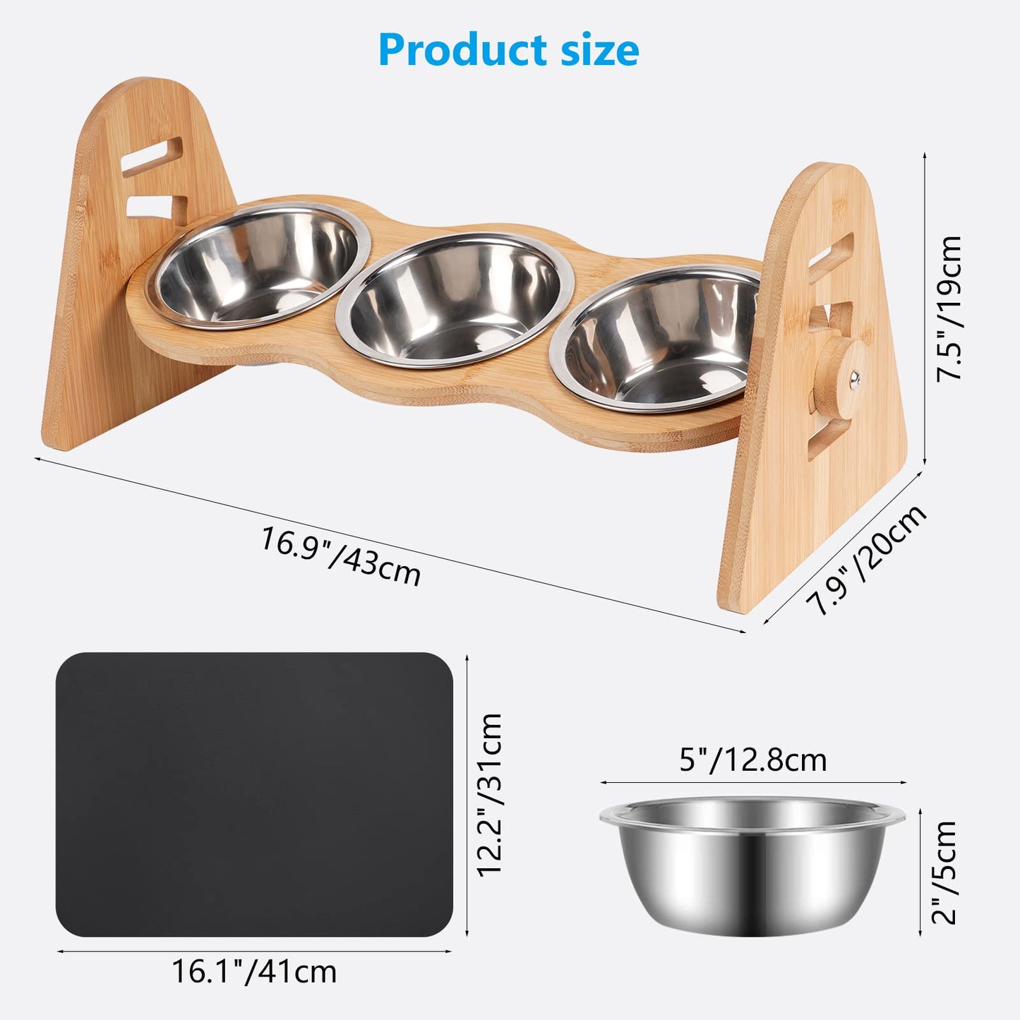 Tedsrewa 3X comedero Gato Elevado,Regulable en 4 Alturas, 300 ml, bebederos para Perros,con Elegante Soporte de bambú y Mantel Individual.