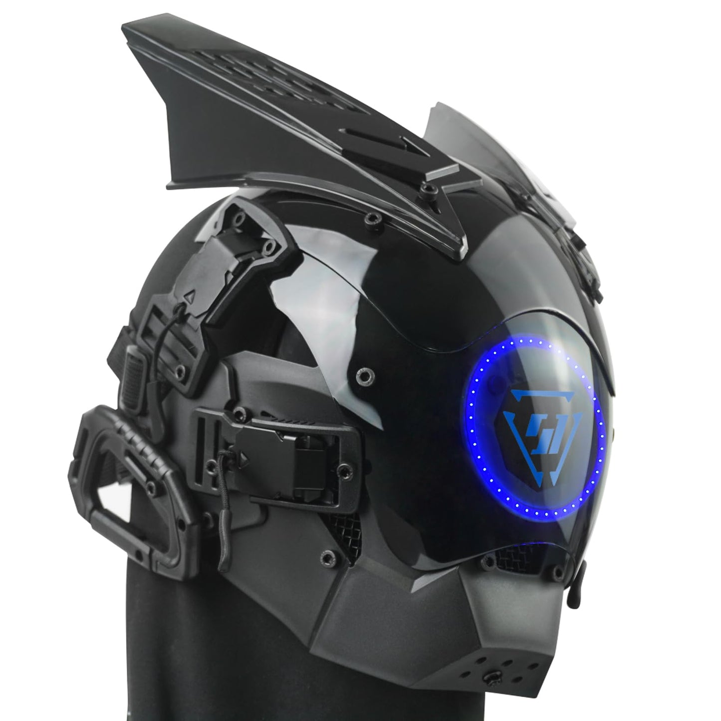 Marikito Casco punk con luz LED azul y kit de colgante DIY – Media máscara para disfraces Techwear, máscara eléctrica con detalles de neón y estilo DJ