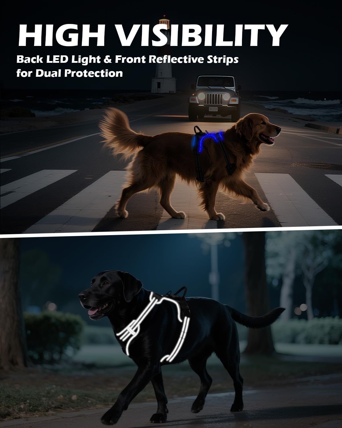 Arnés Luminoso Recargable para Pequeño Mediano y Grande, Arnés Reflectante LED sin Tirador con Asa Ajustable para Paseos Nocturnos, Negro-Azul, S
