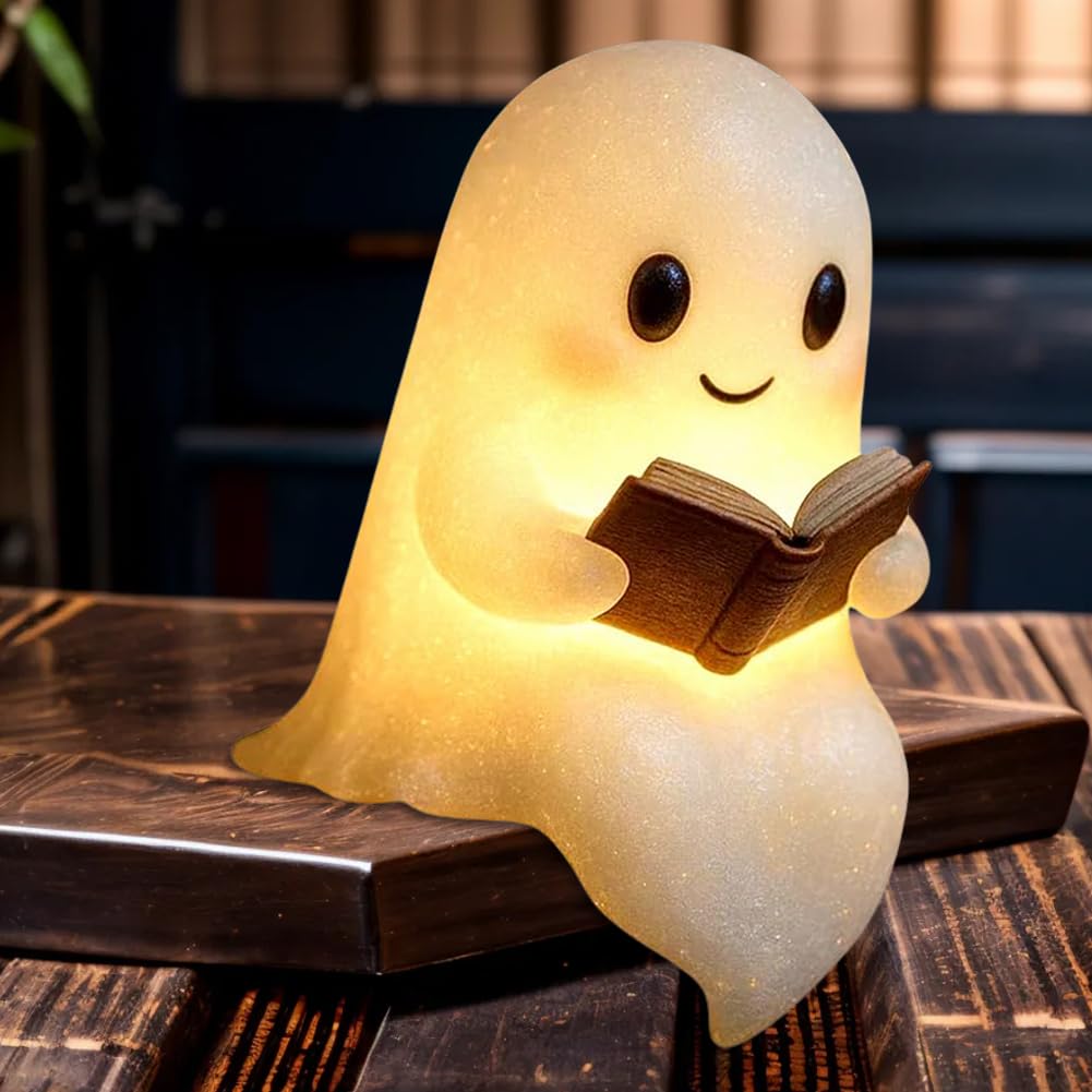 Lámpara de libro de lectura fantasma hecha a mano, luz nocturna de Halloween suave y brillante, decoración LED fantasma portátil para dormitorios, salas de estudio y lectores, bonito regalo de luz de