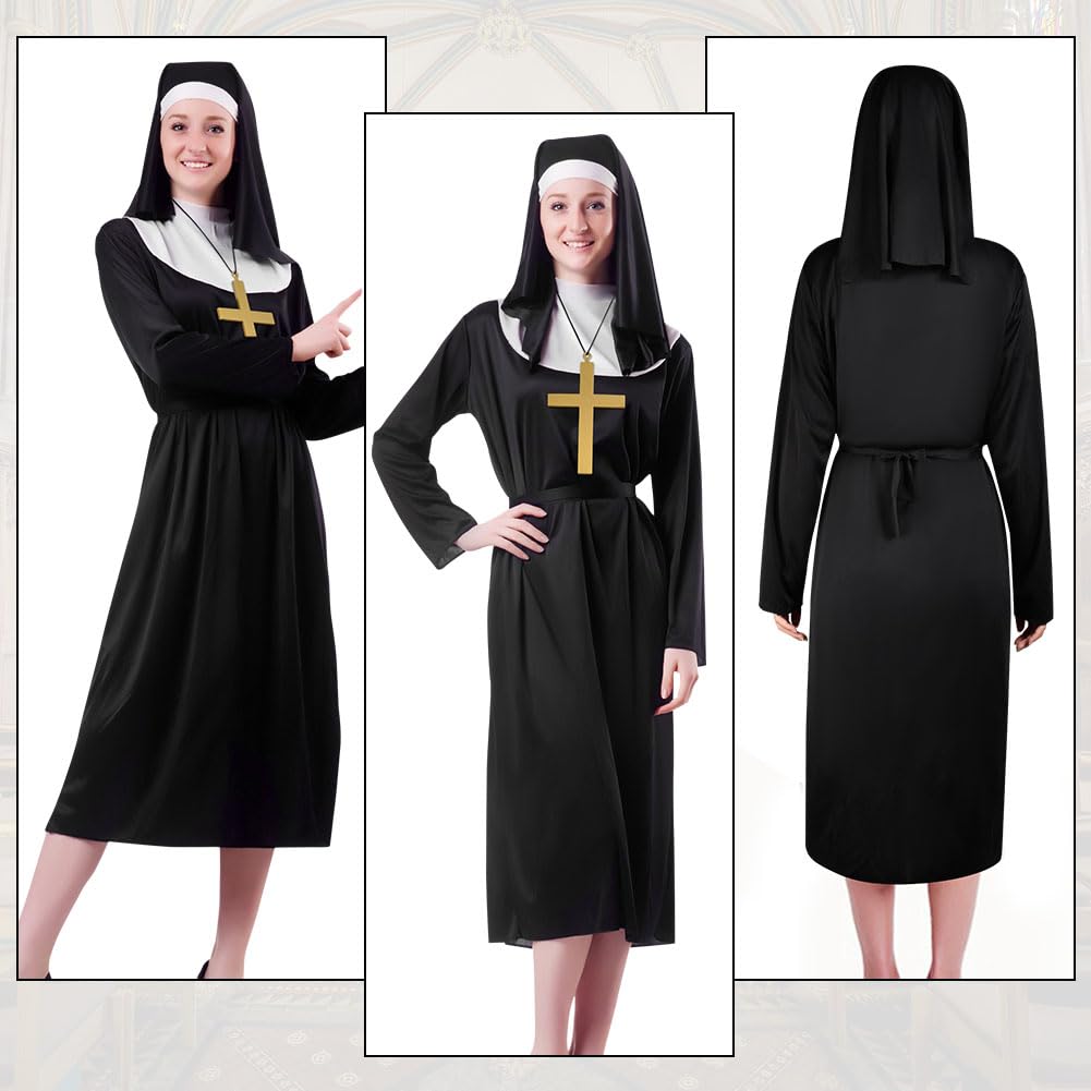 Disfraz de Monja para Mujer, Vestido Monja Mujer Adulto Fancy Dress Costume con Gorro y Collar con una Cruz, Disfraz De Cosplay para Fiesta Halloween Carnaval, XL