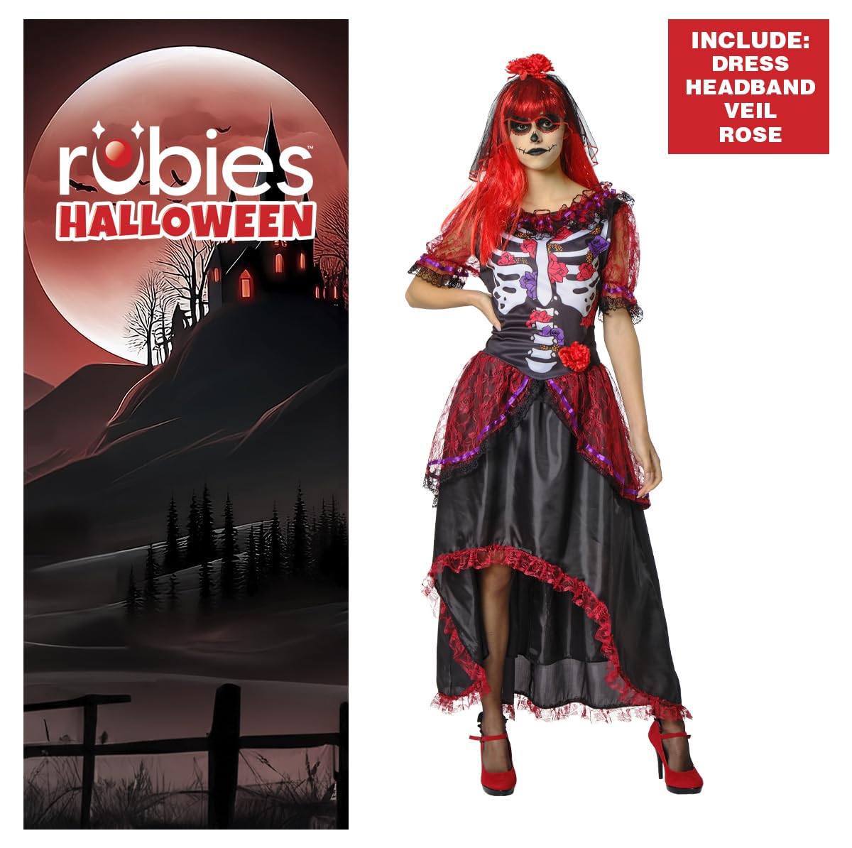 Disfraz La Catrina para mujer, Vestido impreso y diadema con velo, Oficial Halloween, Carnaval, Fiestas y cumpleaños