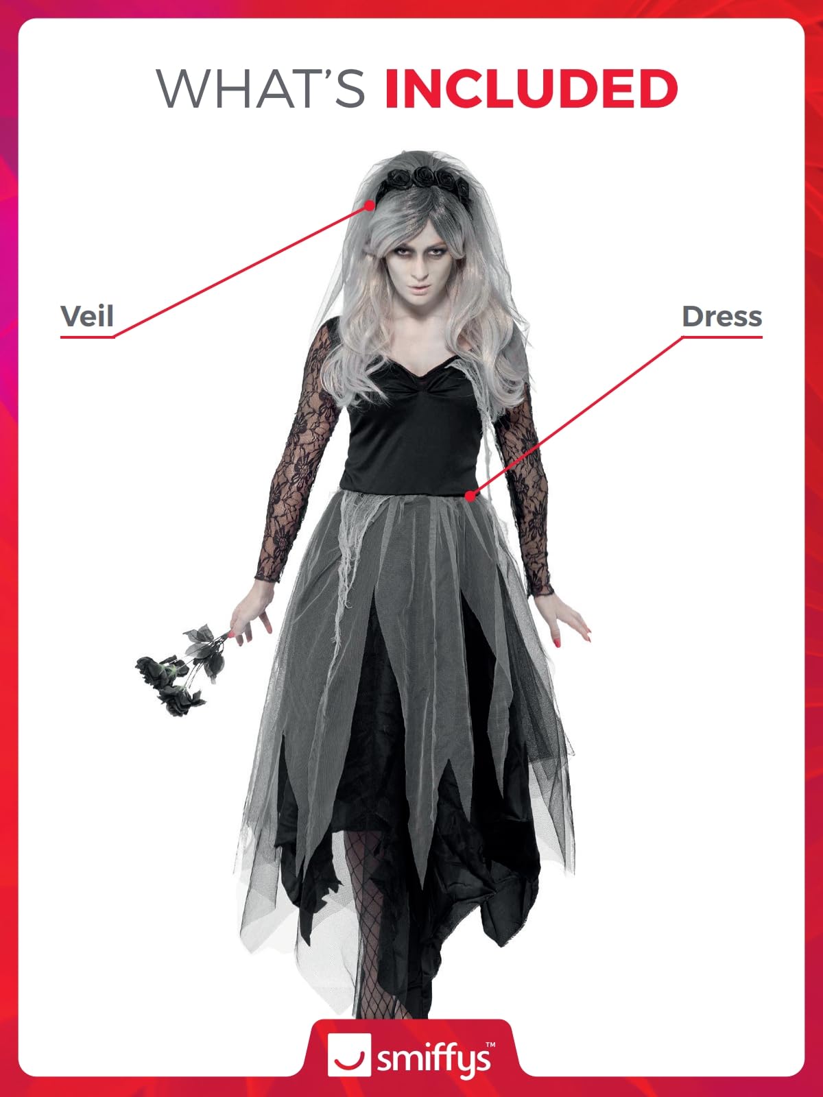 Disfraz de novia de cementerio, con vestido y velo con rosas Halloween