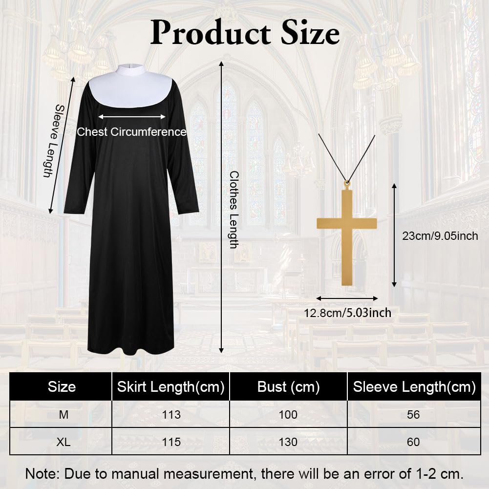 Disfraz de Monja para Mujer, Vestido Monja Mujer Adulto Fancy Dress Costume con Gorro y Collar con una Cruz, Disfraz De Cosplay para Fiesta Halloween Carnaval, XL