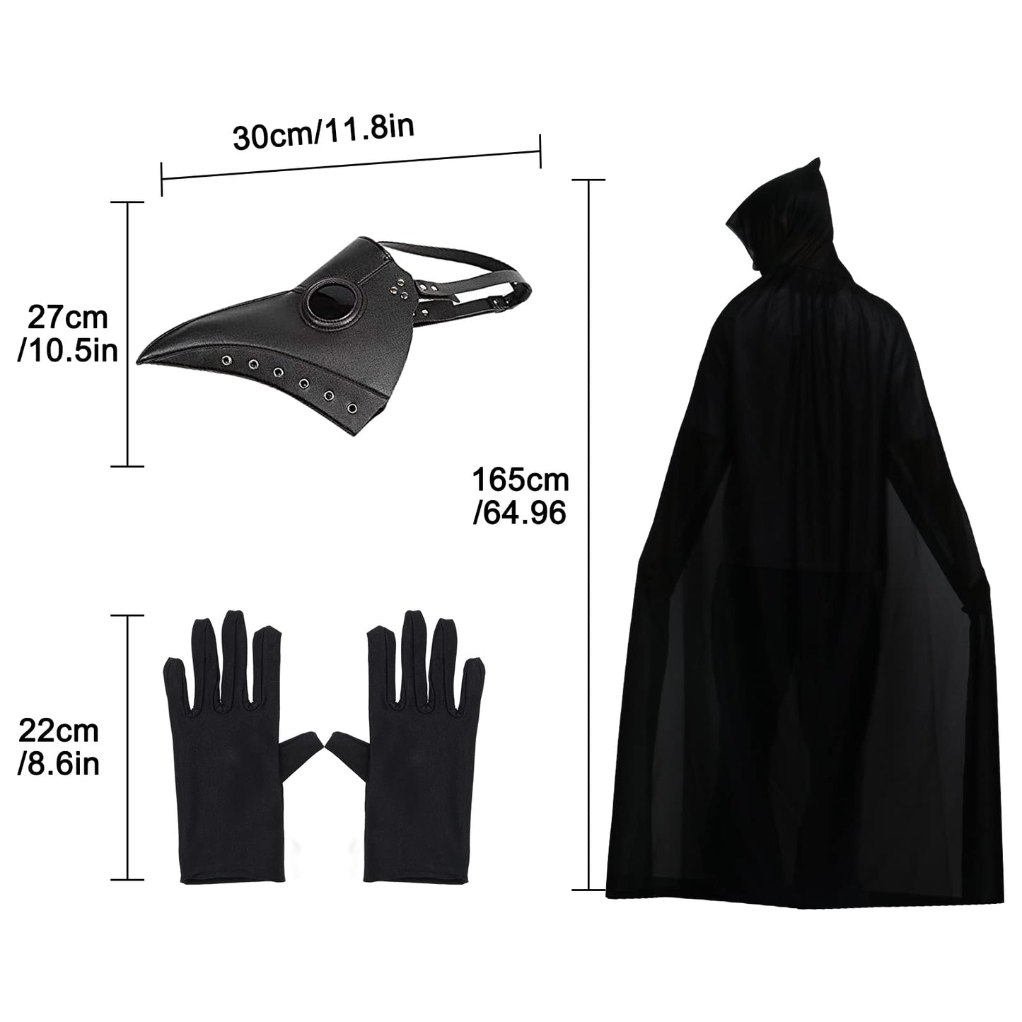 Lifreer Disfraz de médico de peste para Halloween, máscara de nariz larga, máscara steampunk con guantes negros, abrigo con capucha para niños y adultos