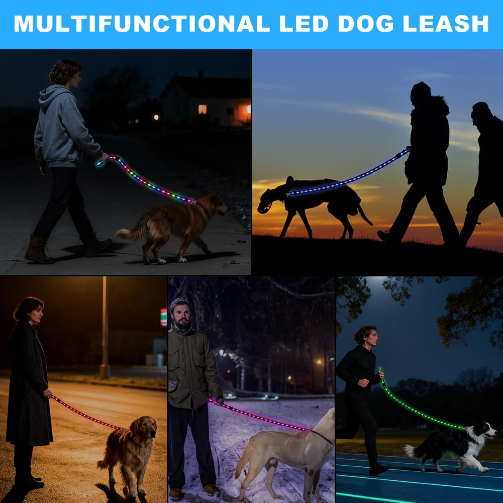 Correa led para Perros 1.2 M, Correa Reflectante Recargable, con 12 Modos Luz, Recargable USB, Ideal para Paseos Nocturnos con Mascotas Grandes Medianas Pequeñas