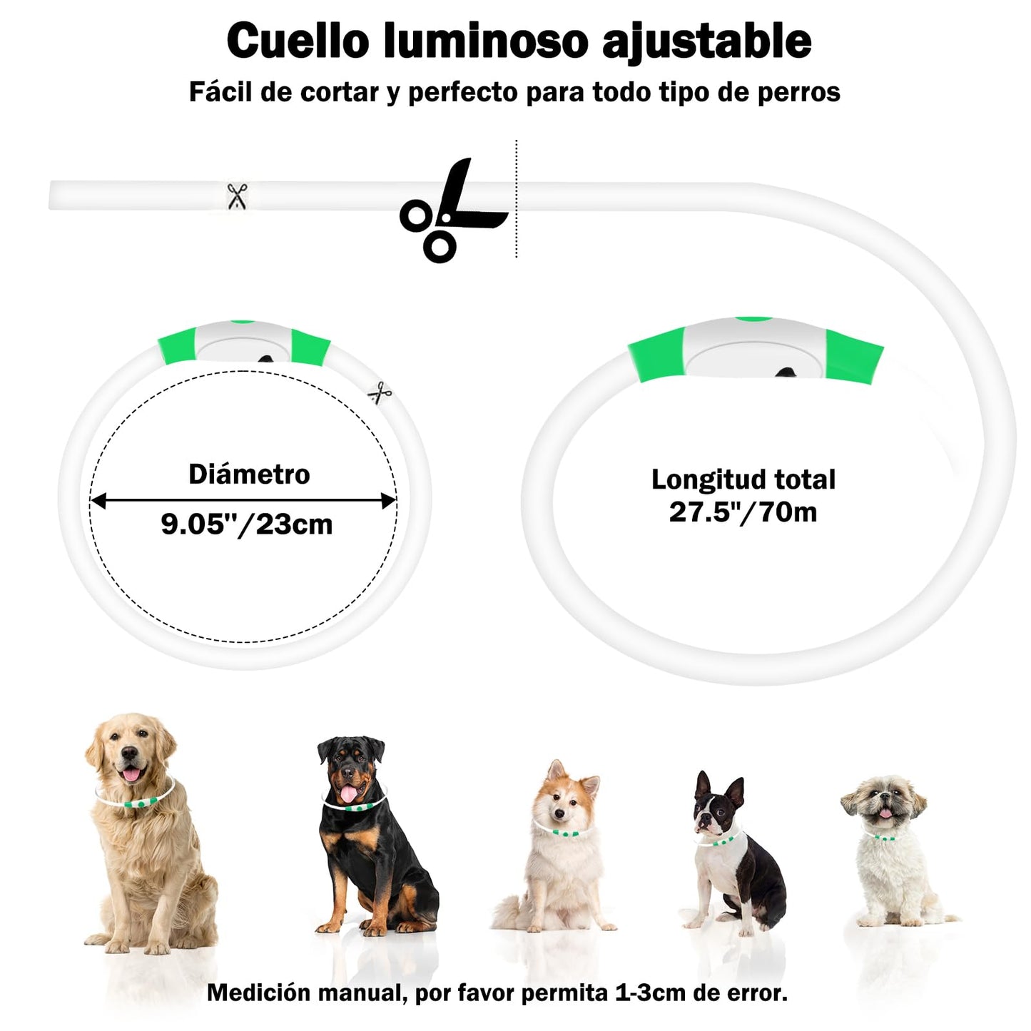 Collar Luminoso Perro Recargable - 3 Modos Collar Perro Luz con Impermeable, Ajustable Collares LED para Perros Pequeños/Medianos/Grandes, Verde