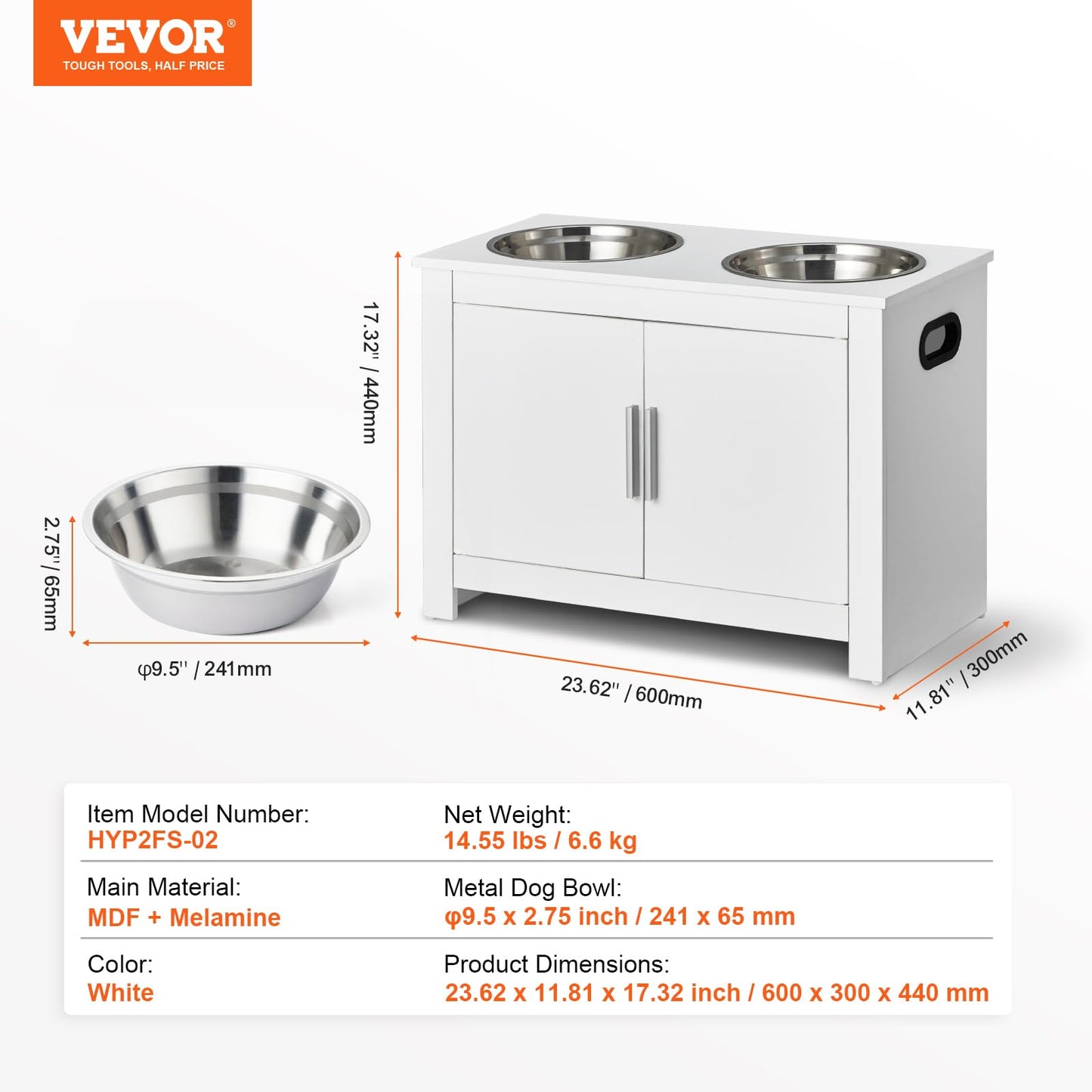 VEVOR Estación de Alimentación 60x30x44 cm Comedero Elevado para Perros con 2 Cuencos de Acero Inoxidable Armario de Madera para Comida para Mascotas con Puerta Doble para Perros Grandes, Blanco