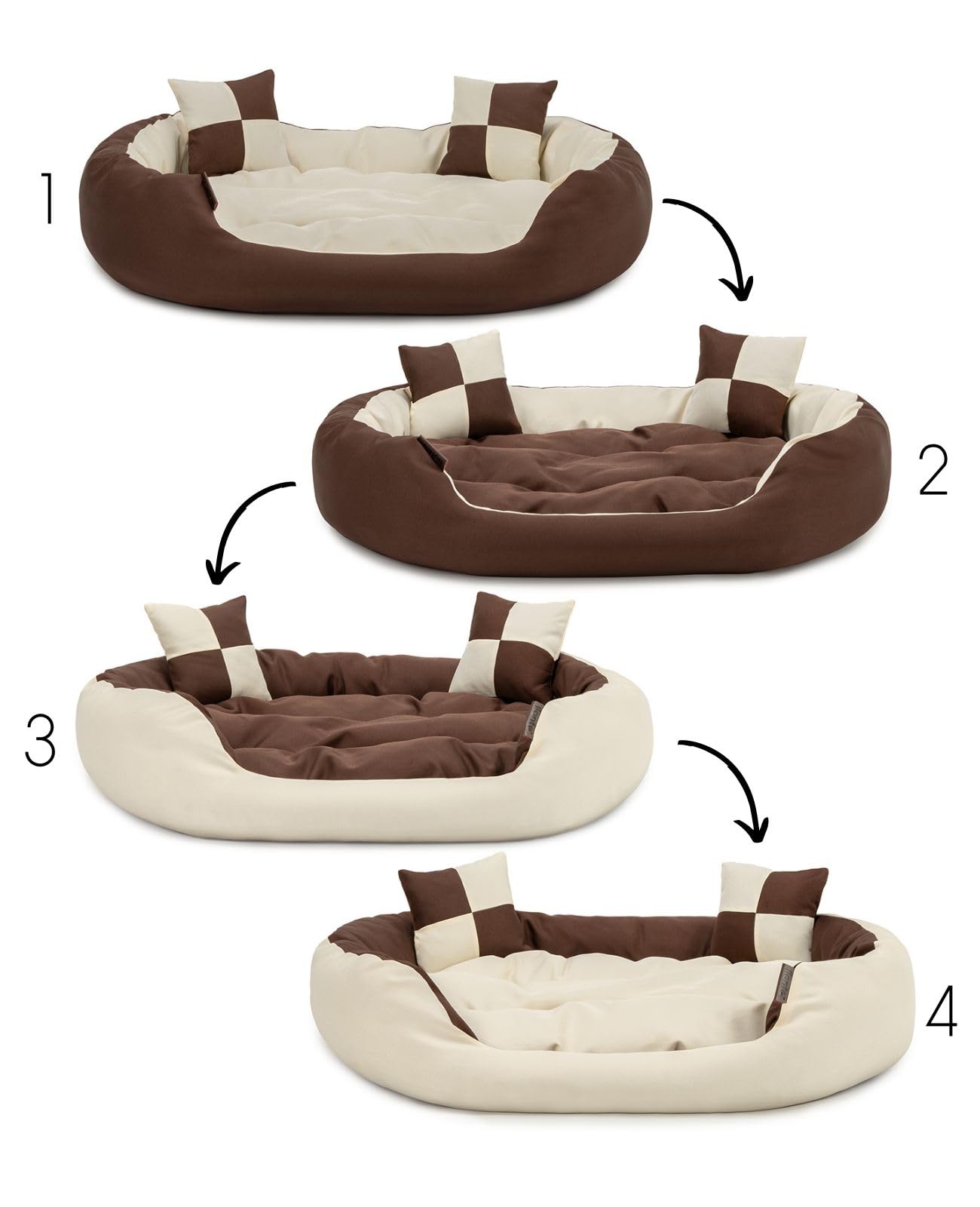 lionto Cama para Perros 4 en 1 cojín para Perros Cesta para Perros con cojín Reversible, (S) 65x50 cm Marrón/Beige
