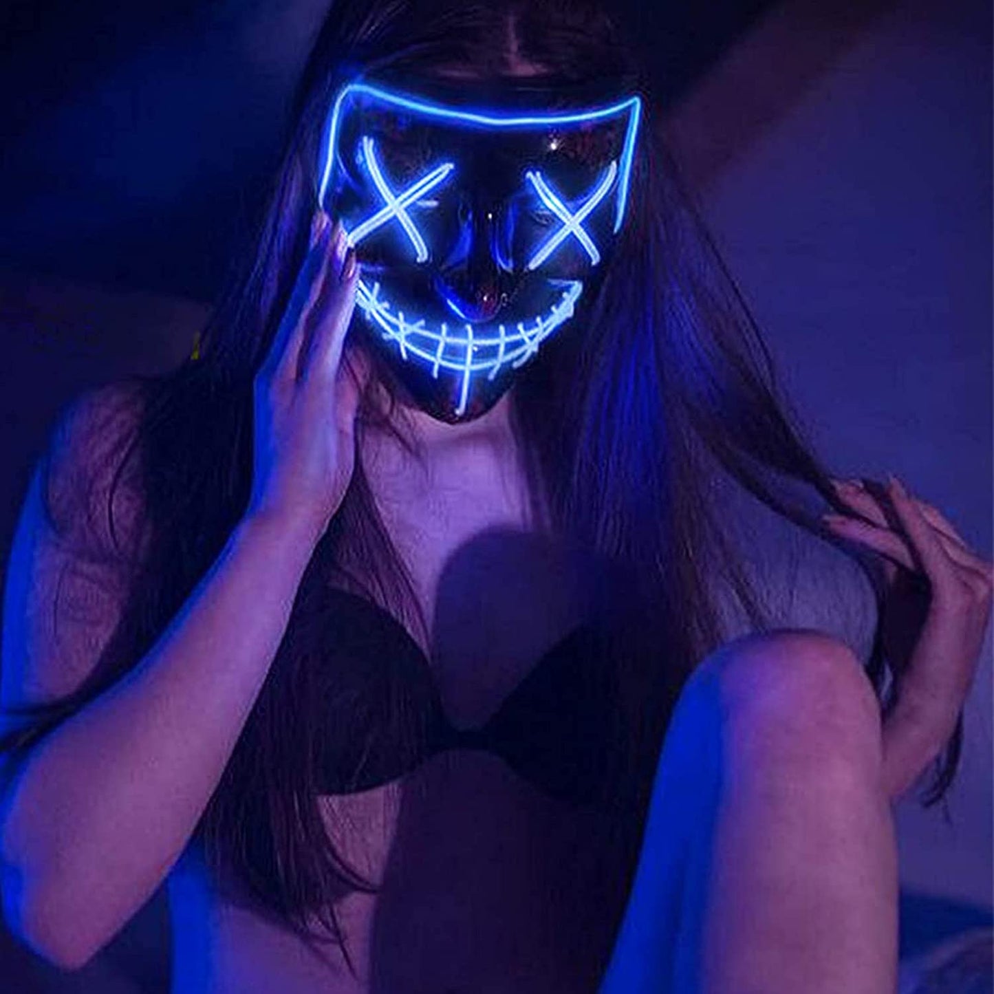 DWTECH – Máscara de miedo de alambre con luz LED, para mascarada Cosplay, máscara facial para niños, hombres, mujeres, fiesta de Halloween (Azul)