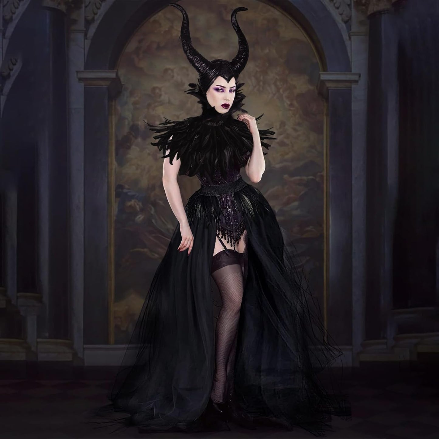 YeahBoom Disfraz Malefica Mujer, Reina Bruja Malvada Vestido Gótico Maléfica para Adulto con Cuernos Negro Plumas Capa y Guantes para Halloween Carnaval Fiesta de Cosplay Costume Medieval
