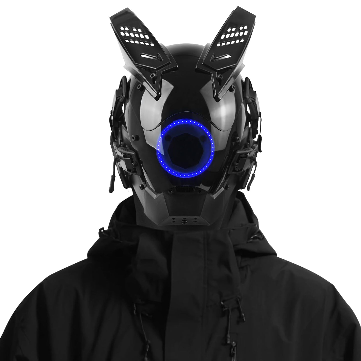 Marikito Casco punk con luz LED azul y kit de colgante DIY – Media máscara para disfraces Techwear, máscara eléctrica con detalles de neón y estilo DJ
