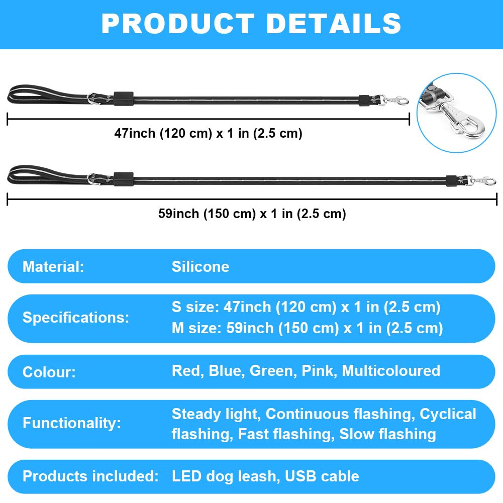 Correa led para Perros 1.2 M, Correa Reflectante Recargable, con 12 Modos Luz, Recargable USB, Ideal para Paseos Nocturnos con Mascotas Grandes Medianas Pequeñas