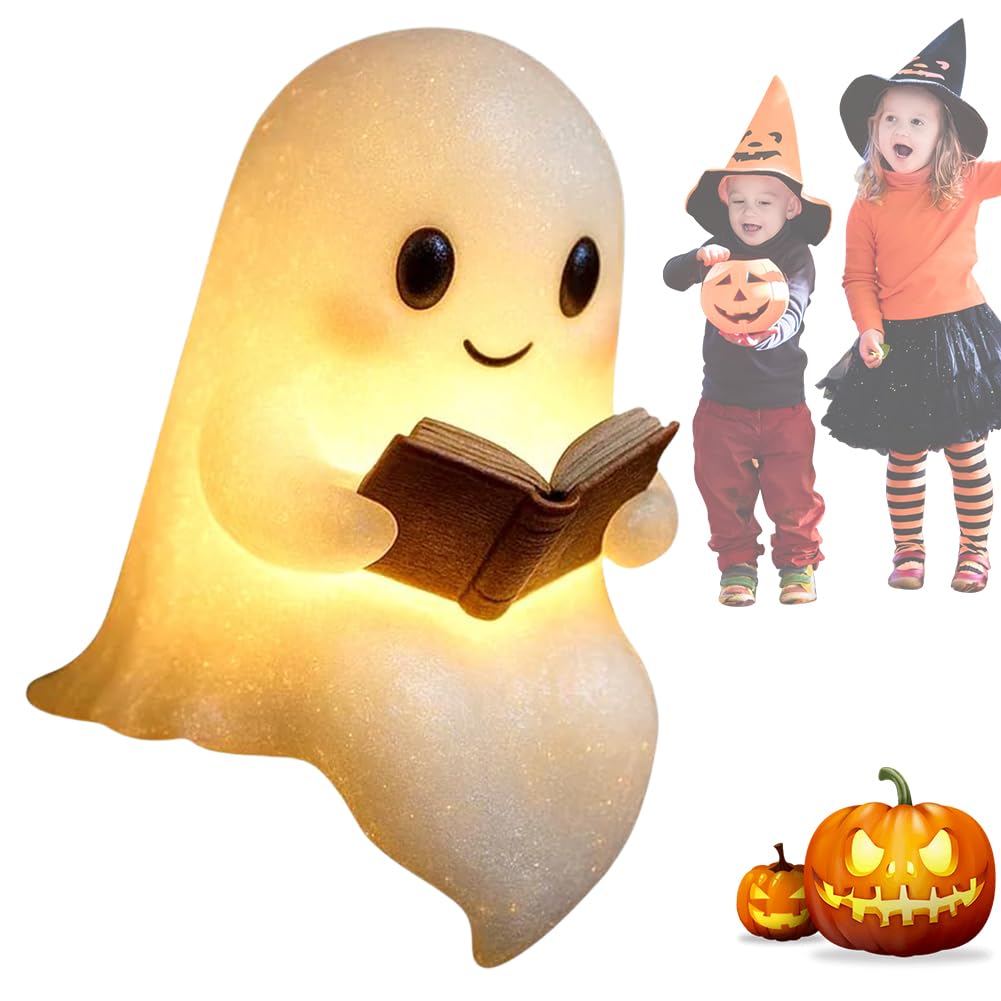 Lámpara de libro de lectura fantasma hecha a mano, luz nocturna de Halloween suave y brillante, decoración LED fantasma portátil para dormitorios, salas de estudio y lectores, bonito regalo de luz de