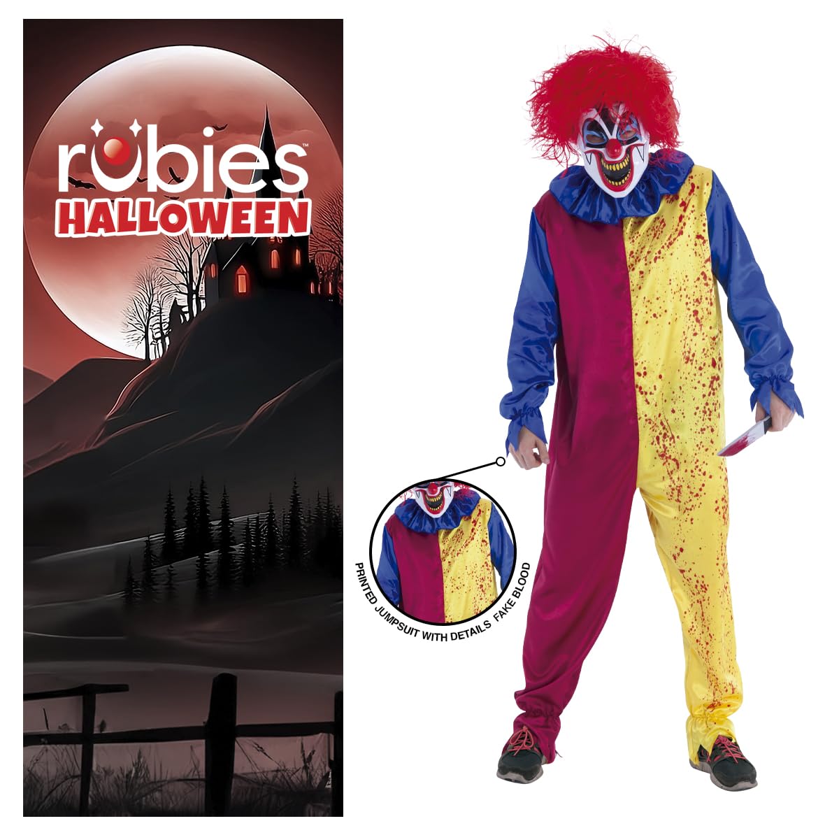 Disfraz Payaso Psycho para adulto, Jumpsuit con detalles impresos, máscara y peluca, Payaso Asesino, Oficial para Halloween, Carnaval y fiestas