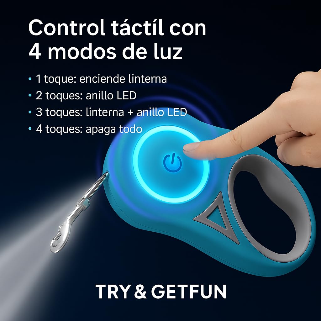 Correa Retráctil para Perro con Linterna LED – TRY & GETFUN – Extensible 3 m, hasta 50 kg, Seguridad Nocturna, Correa Perro Grande, Mediano y Pequeño