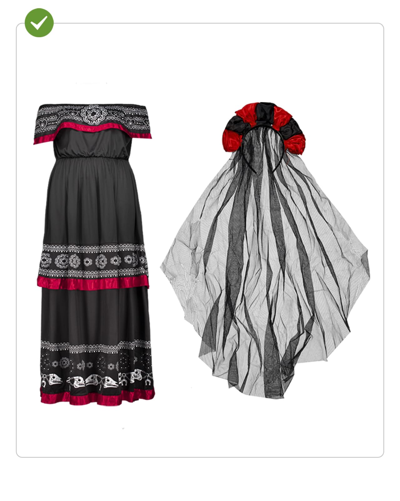 Disfraz de Catrina para mujer con diadema con flores y velo, Traje de Día de los Muertos para adultos, Disfraces de Carnaval, Halloween y Fiestas – Talla L