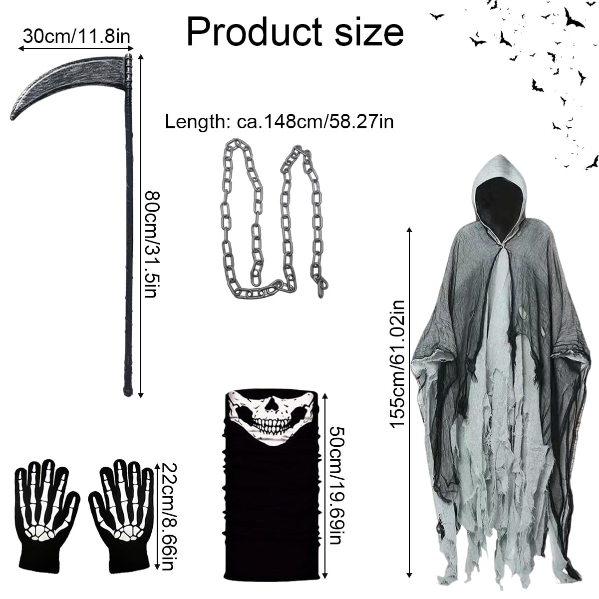 Disfraz de Parca,Disfraz de Parca para Halloween,Halloween Disfraz de Segador,Máscara de Esqueleto, Guantes y Hoz,Cadena,Ideal para Fiesta de Halloween, Carnaval y Cosplay (Gris)