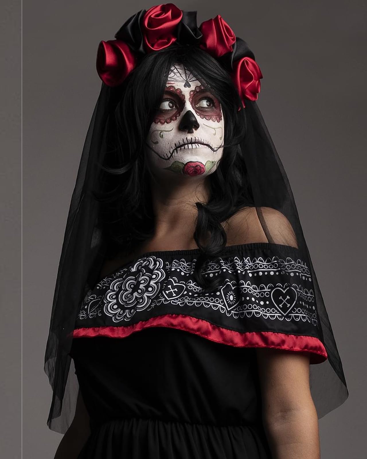 Disfraz de Catrina para mujer con diadema con flores y velo, Traje de Día de los Muertos para adultos, Disfraces de Carnaval, Halloween y Fiestas – Talla L