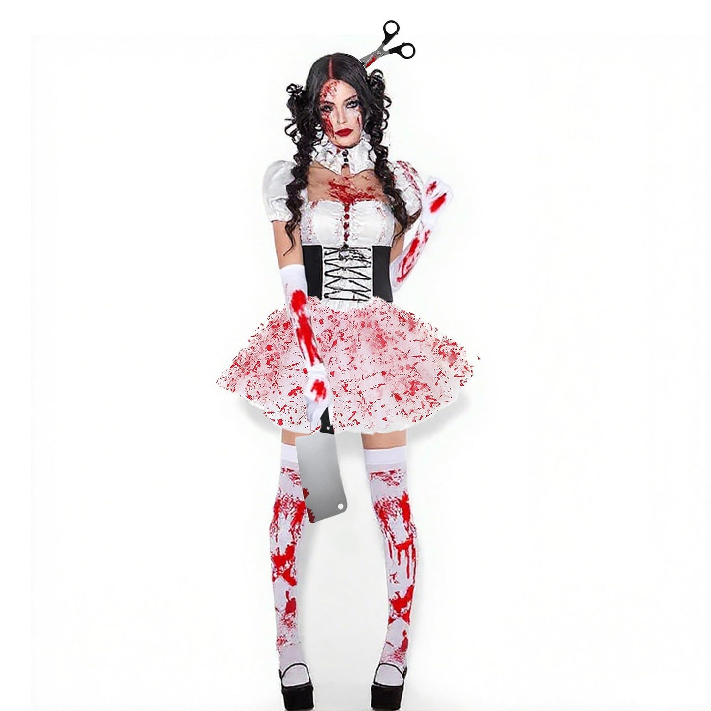 AEYAKA Disfraz de Enfermera Zombi Mujer – Falda Tutu Ensangrentada, Medias, Guantes, Diadema con Tijeras, Machete & Tatuajes – Traje de Terror para Fiesta de Halloween y Cosplay Adulto