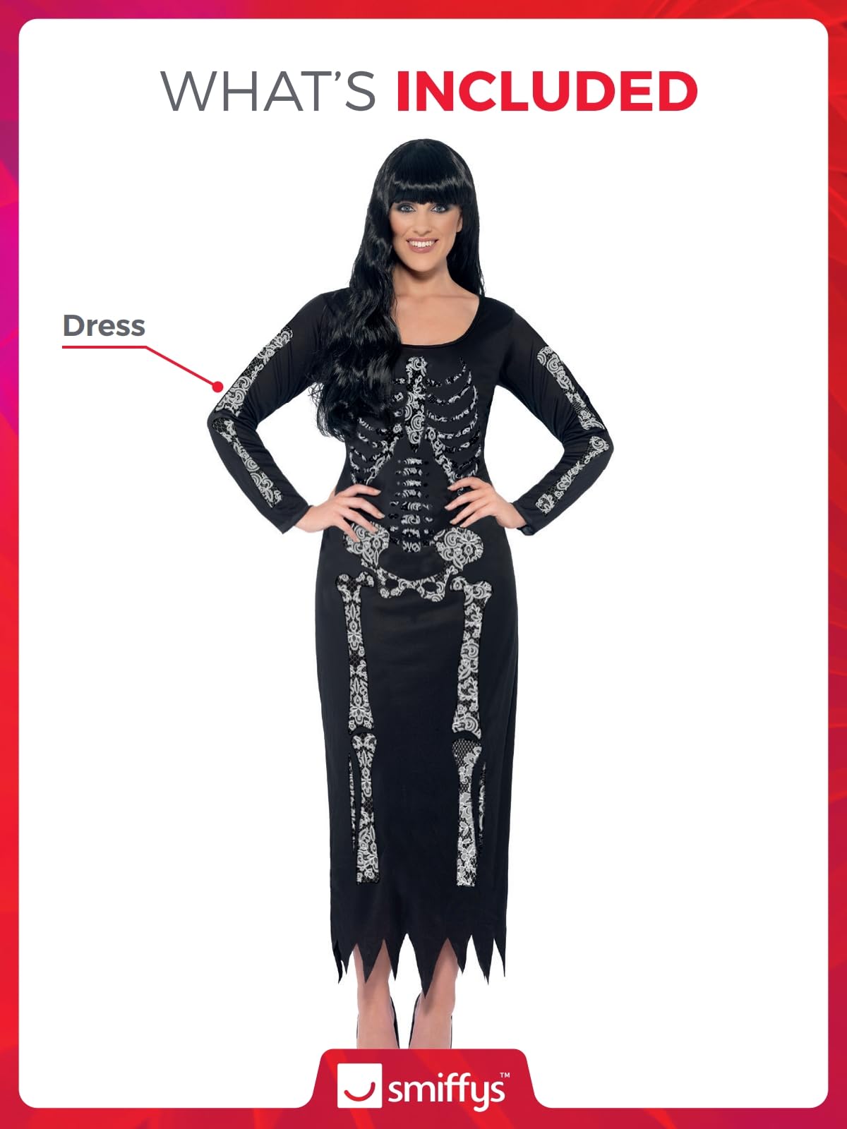 Disfraz de esqueleto, Negro, con vestido ceñido de manga larga Halloween