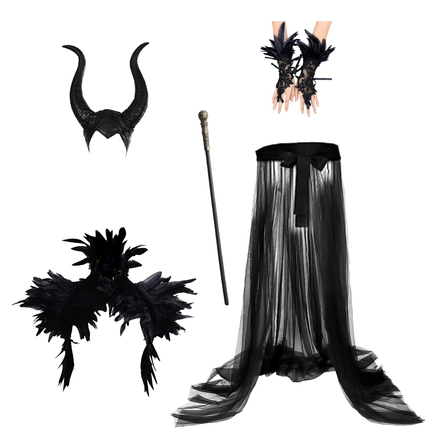 YeahBoom Disfraz Malefica Mujer, Reina Bruja Malvada Vestido Gótico Maléfica para Adulto con Cuernos Negro Plumas Capa y Guantes para Halloween Carnaval Fiesta de Cosplay Costume Medieval