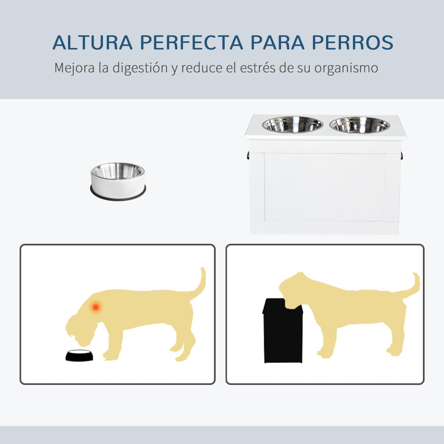 Comedero Perro Elevado con 2 Cuencos de Acero Inoxidable 2x2000 ml Comedero Elevado para Perros Grandes con Tapa Abatible y Almacenamiento Oculto Blanco