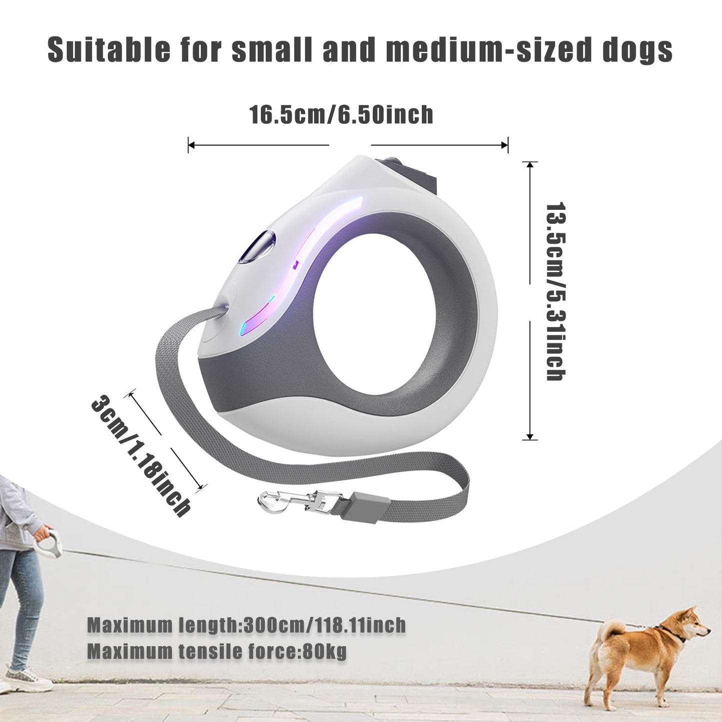 Genérica Correa Retráctil Para Perros 300 cm Blanca con Linterna Recargable Mango Ergonómico Redondo Correa de Perro con Cerradura Segura y Resistente